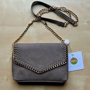 MMS Design Studio Taupe Crossbody Bag with Gold-Tone Chain & Whipstitch Trim